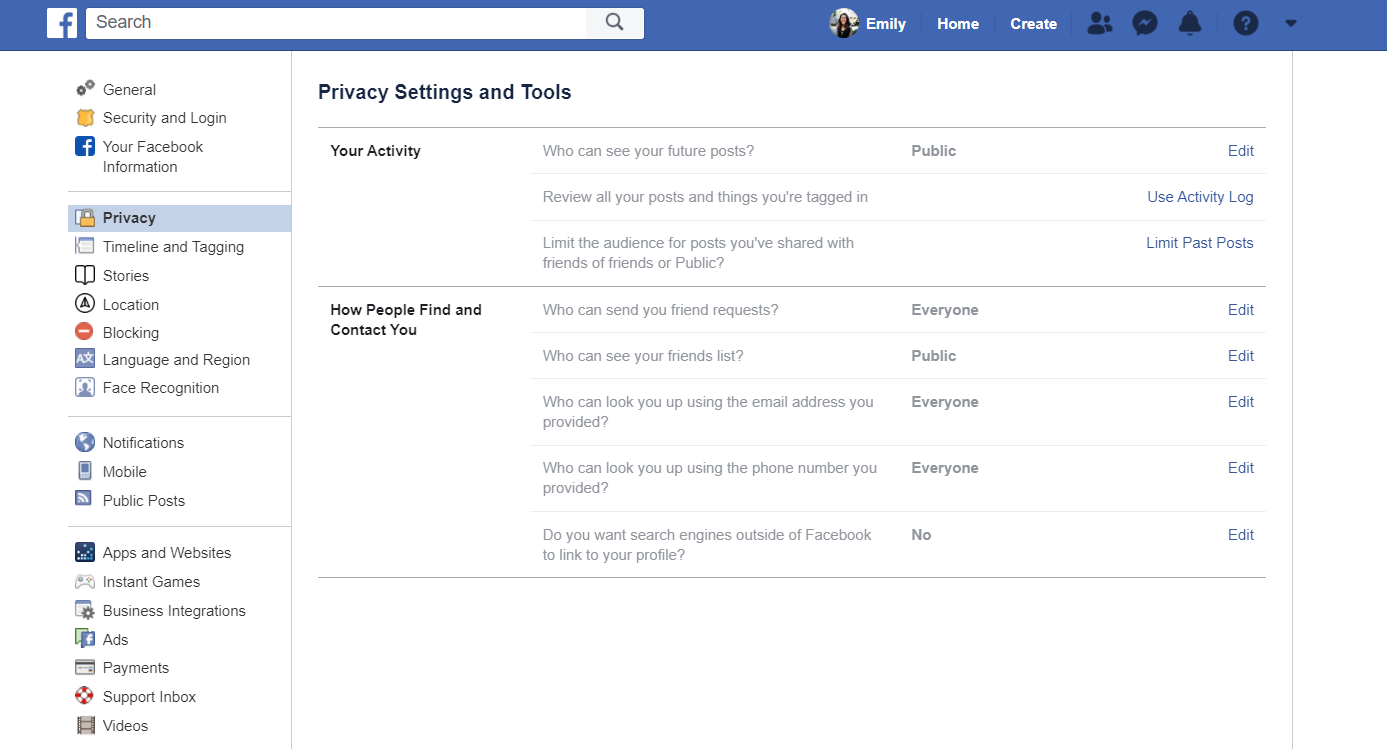 Privacy settings under personal Facebook account