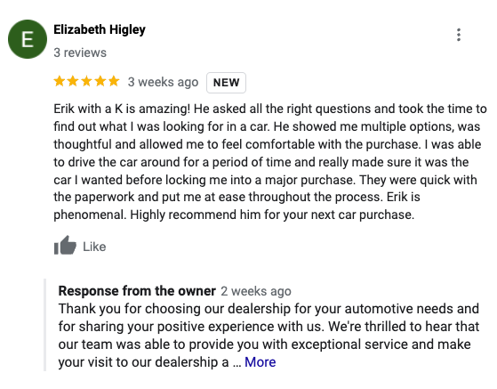 Car dealership review example 1