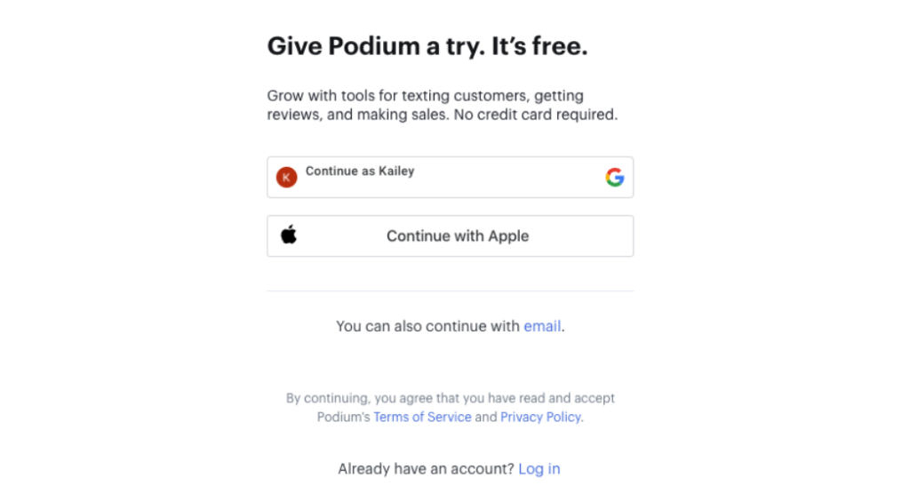 Podium free trial sign up page