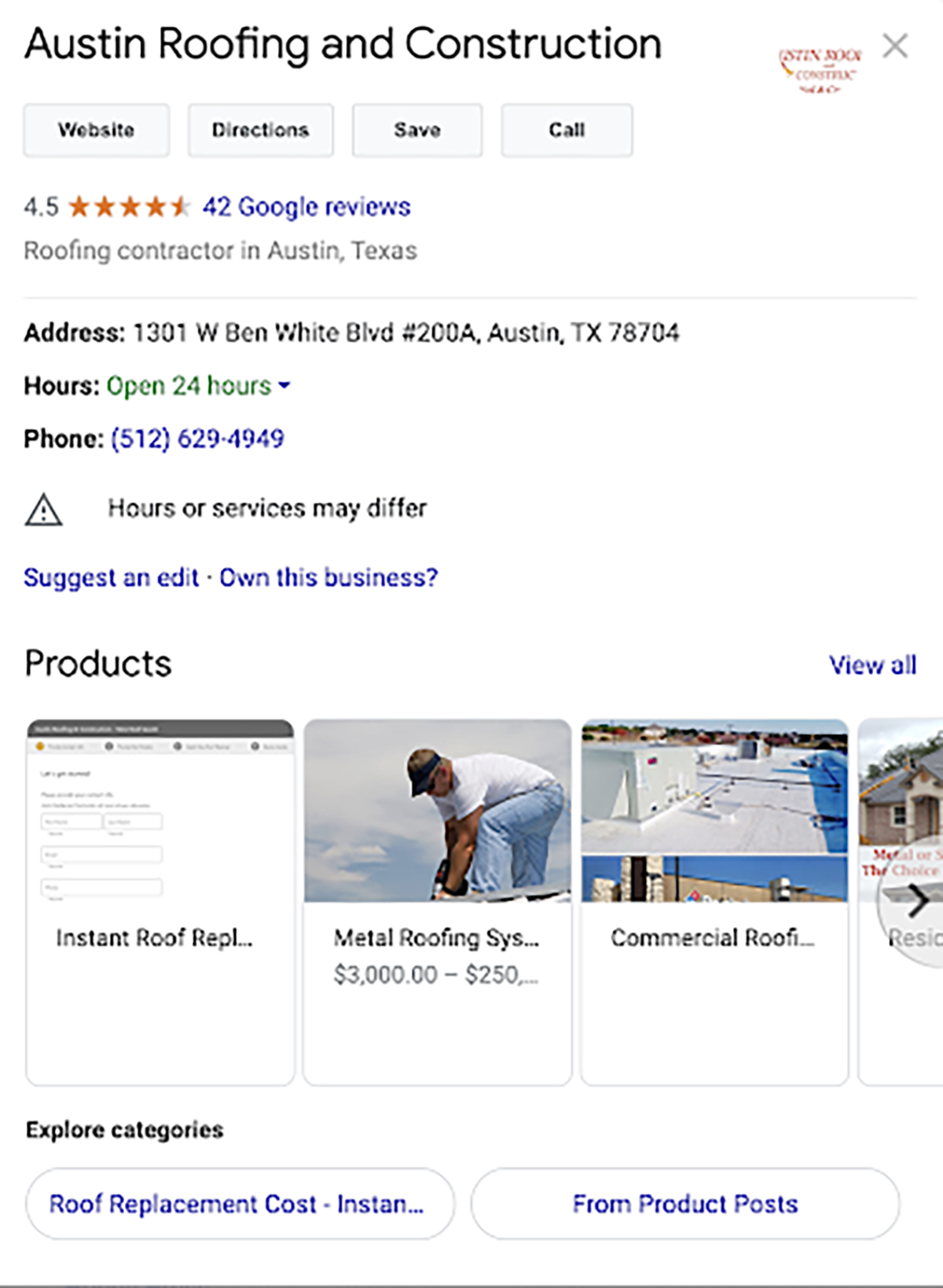 screenshot of Austin Roofing and Construction’s Google Business Profile