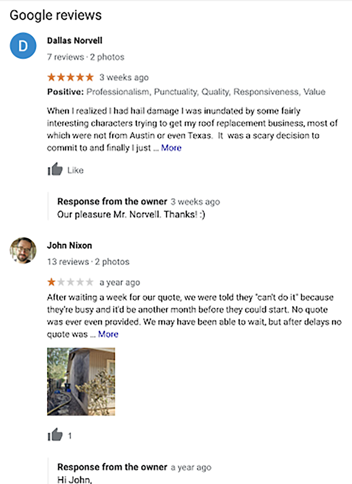 screenshot of Austin Roofing and Construction’s google reviews