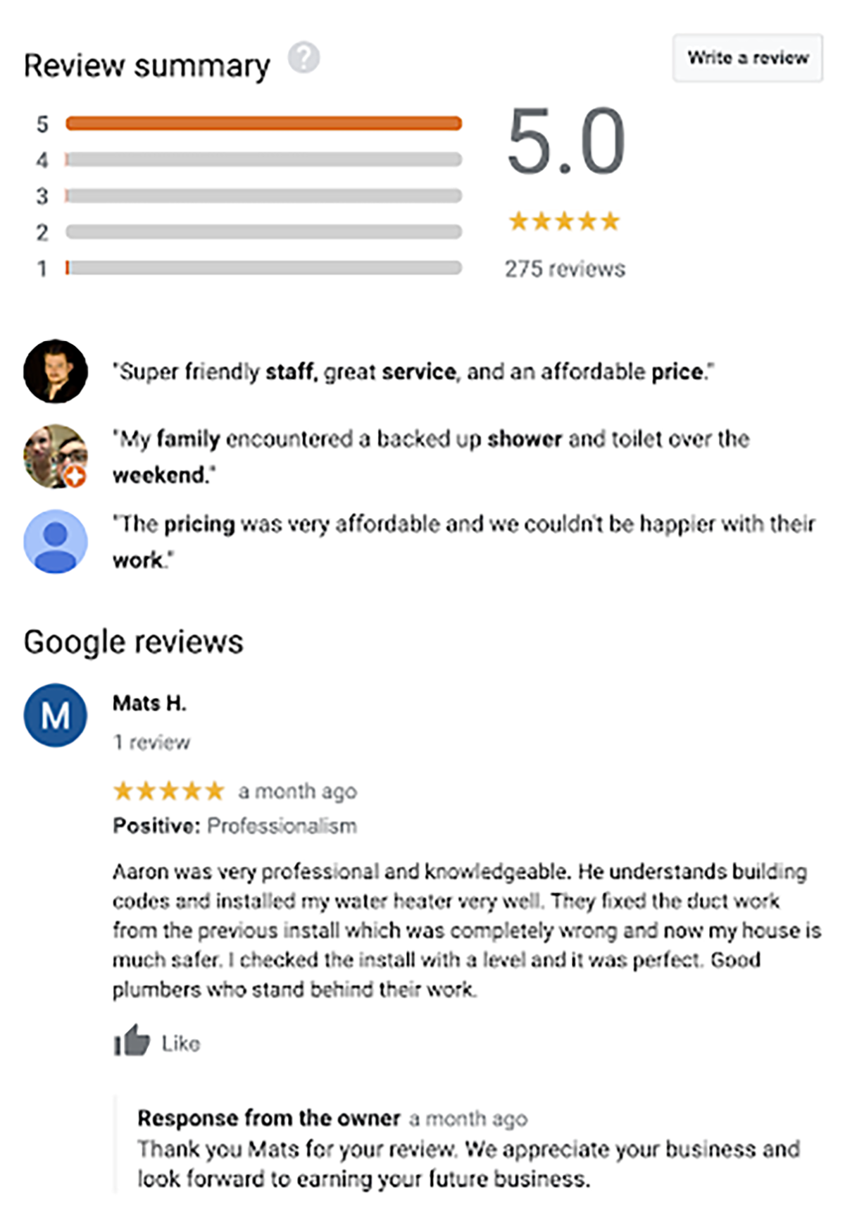 Screenshot of Google Business Profile review