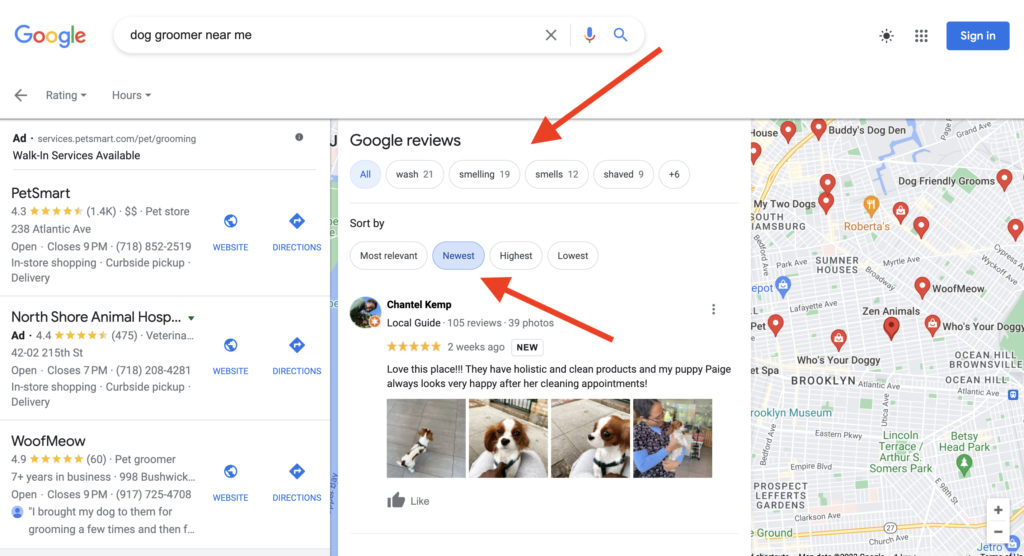 Google Maps reviews filtered by Newest for a local business