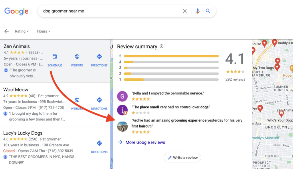 Google Maps showing where Google reviews are located for a business in the review summary