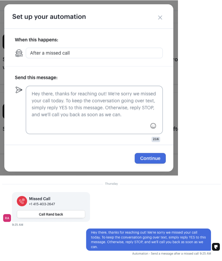 Missed call auto reply feature in Podium Phones