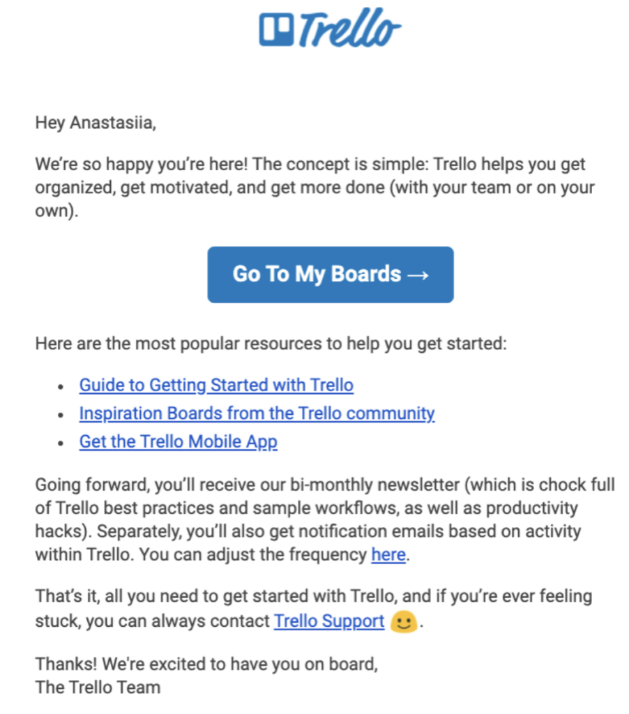 Trello: Welcome Message Example for Professional Services Customers