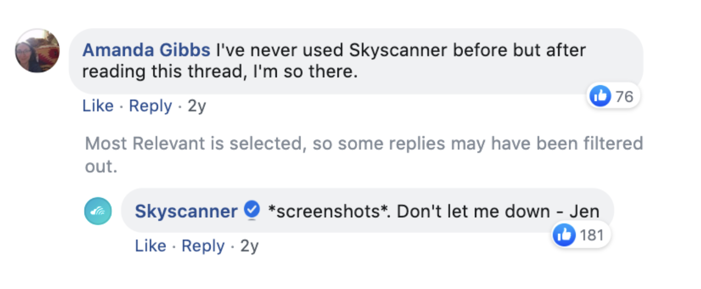  example of Social media listening with skyscanner