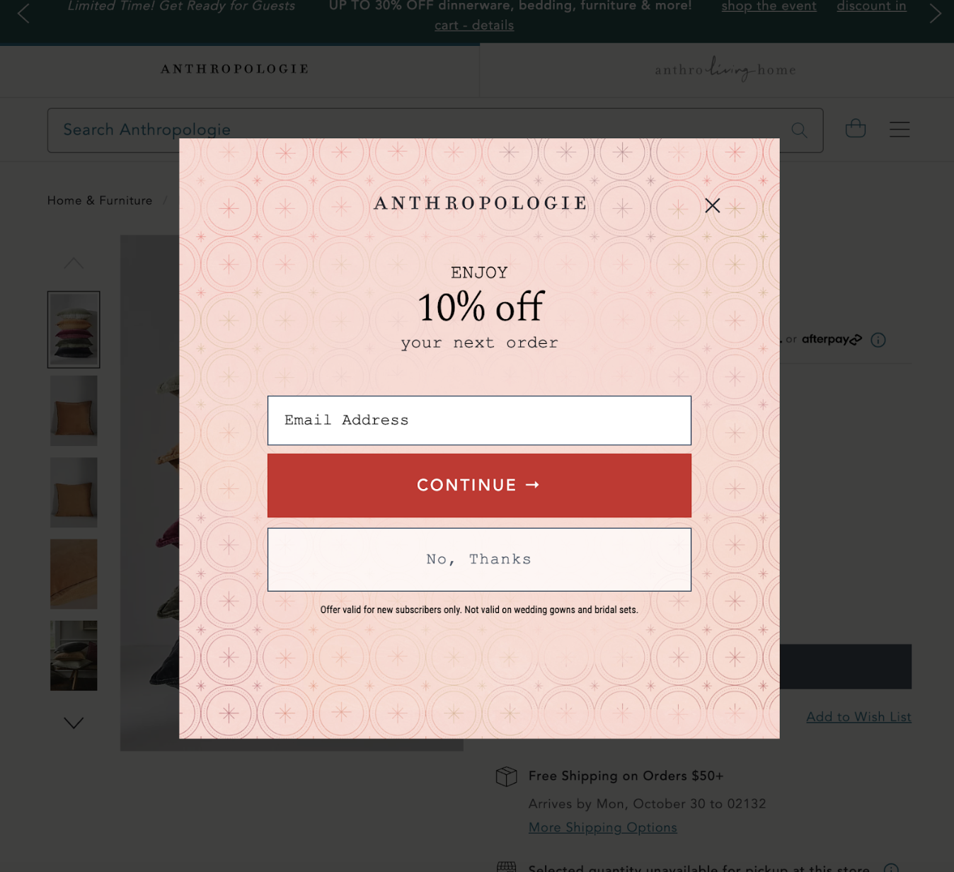 exit intent pop up by anthropologie