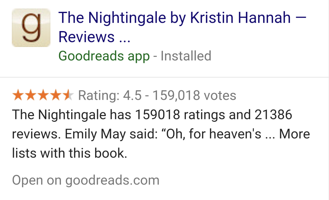 example of a review snippet from Goodreads appearing in Google Search