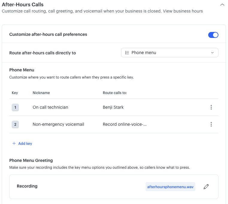 Screenshot of improvements to the After Hours routing in Podium Phones